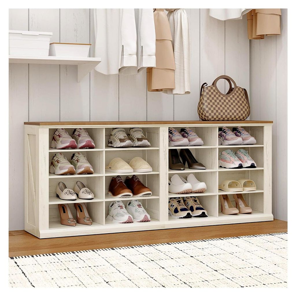Schuhbank mit Sitzfläche und Stauraum, 16 Fächer, geeignet für Wohnzimmer, Flur, Eingang, platzsparend, 30 x 104 x 60,5 cm, Vintagebraun-Weiß