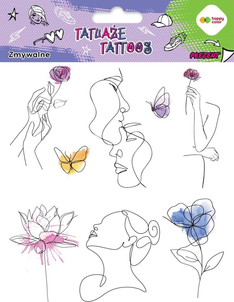 Lineart + Aquarella abwaschbare Tattoos Happy Color