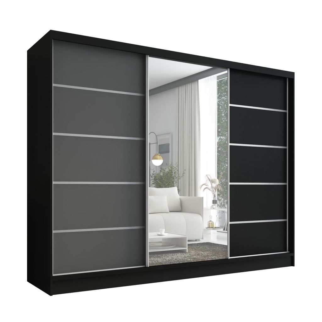 Schwebetürenschrank, 3-türig Schrank 200 cm mit Spiegel ARIVA 1 (Schwarz , Schwarz , Graphit)