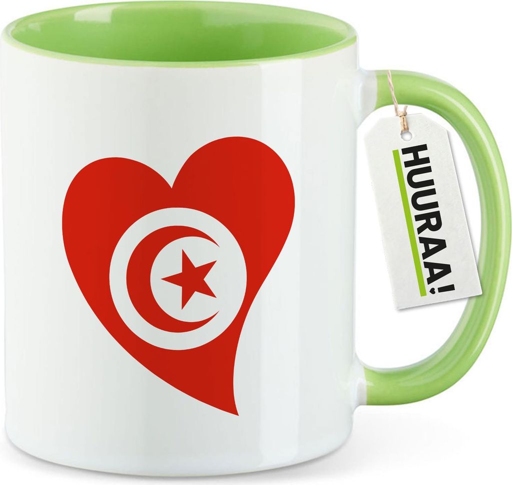 Huuraa Kaffeetasse Tunesien Flagge Herz 330ml Grün Keramik Kaffeebecher Geschenkidee