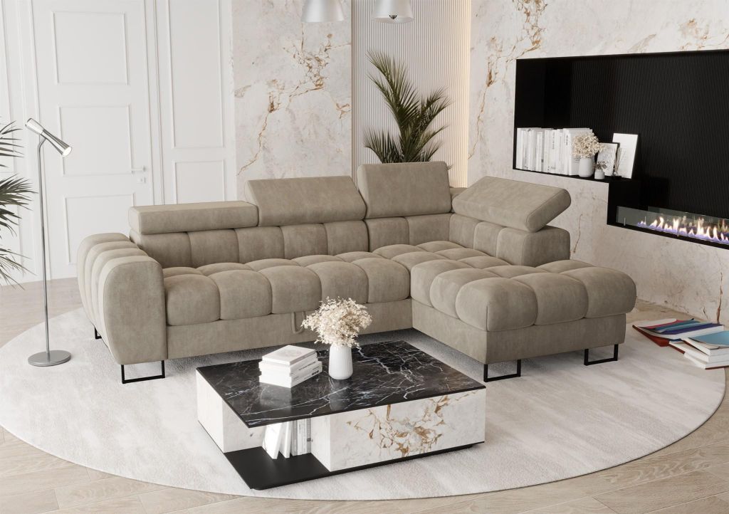 Ecksofa Schlafsofa BASTIEN in Stoff Terra Beige Ottomane Rechts