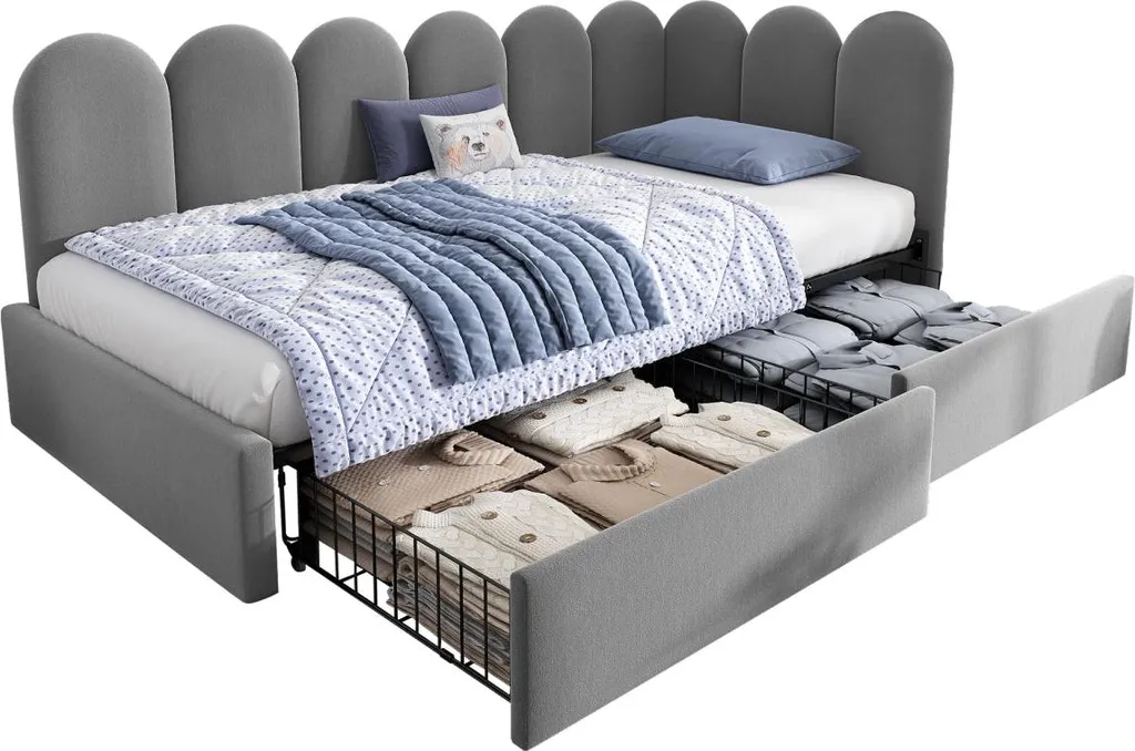 Lit simple 90x200 cm gris gain de place avec tiroirs pour chambre - 8
