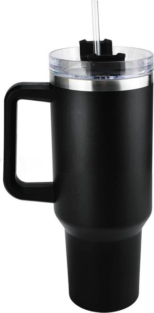 1200 ml Edelstahl-Thermosflasche mit Henkel und Strohhalm, BPA-frei, auslaufsicher, spülmaschinenfest, ideal für Reisen - HIPYSIP Schwarz