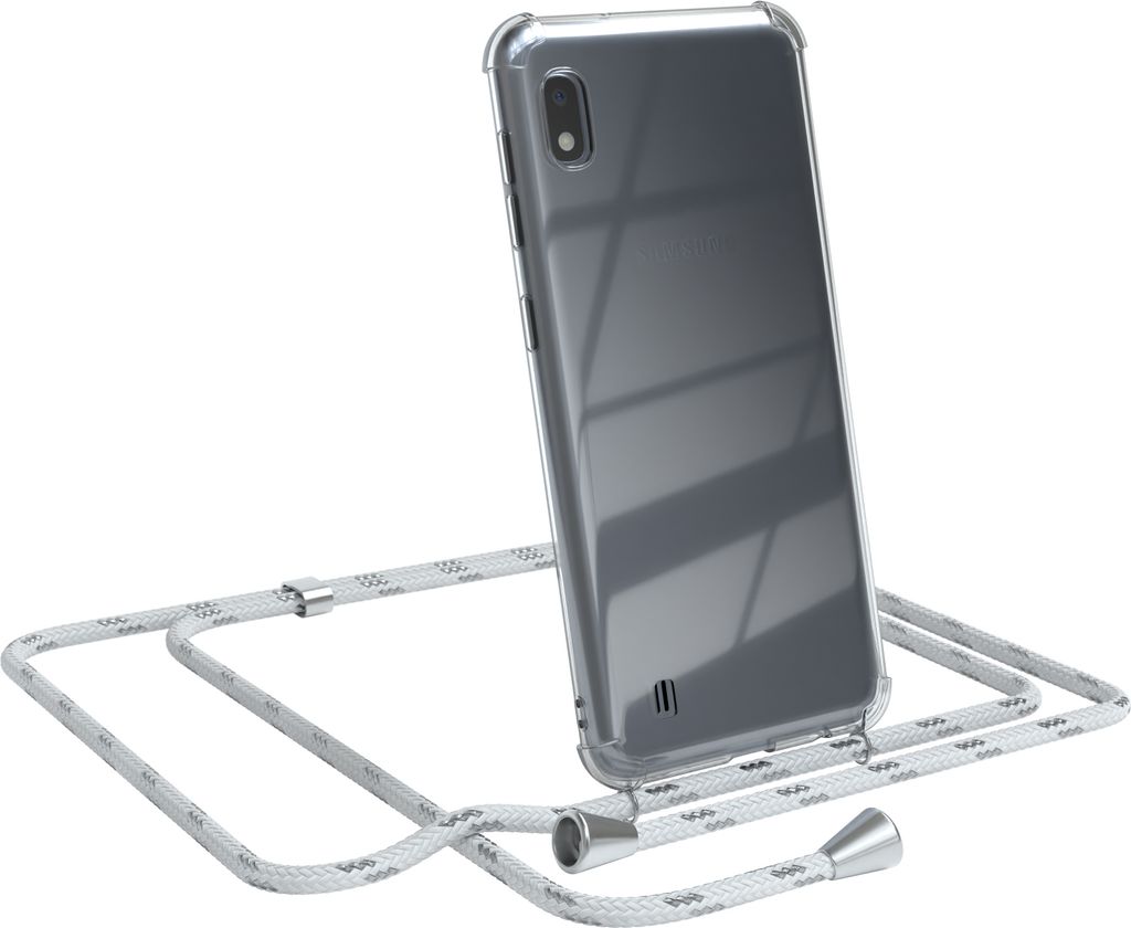 EAZY CASE Handykette kompatibel mit Samsung Galaxy A10, Handyhülle mit Umhängeband, Handykordel, Schutzhülle Clear, Band in Weiß