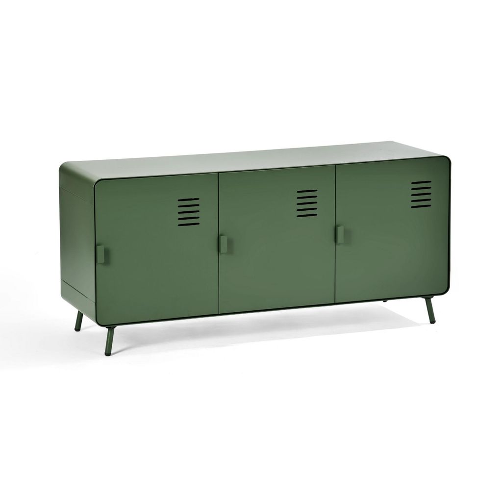 Meubles Cosy Grünes TV-Möbel aus Metall / Wohnzimmer-Sideboard mit 3 Türen, Holzplatte und Regalböden – WALNUT