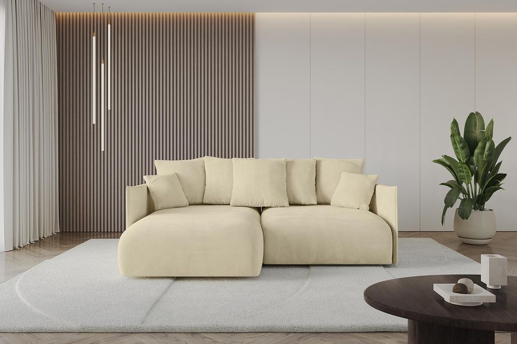 ALTDECOR Ecksofa mit Schlaffunktion und Bettkasten ONESK-L 216x177x72 cm Beige - Corner Sofa Eckcouch Couch L-Form angeordnet Schlafcouch Ausziehba...