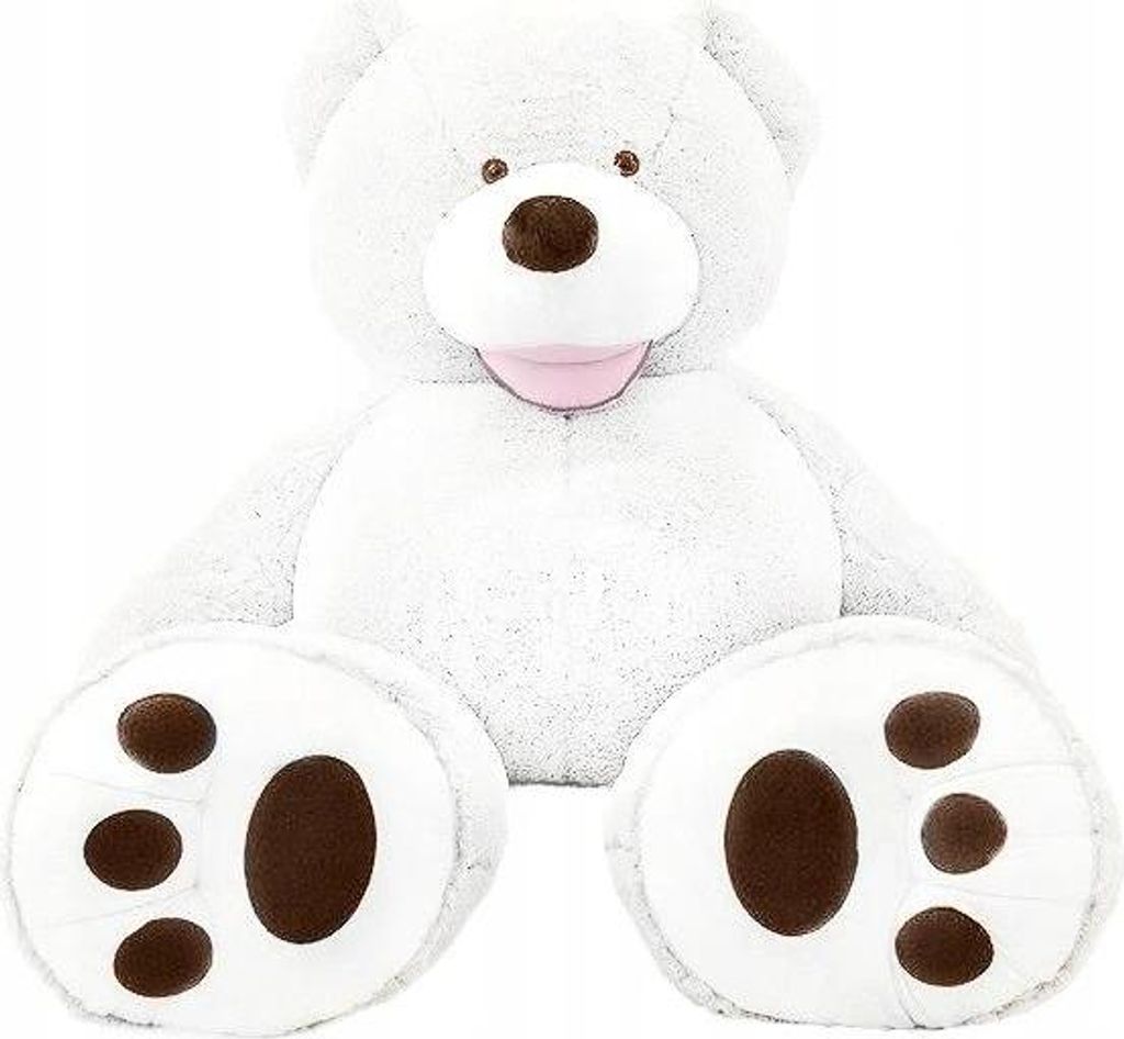 A large, white teddy bear sits with its legs spread out in front of it.
