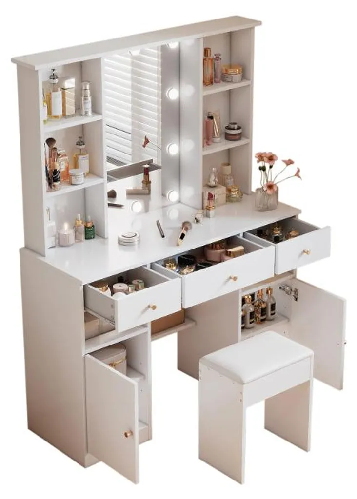 Grande coiffeuse blanche avec éclairage LED réglable et large miroir