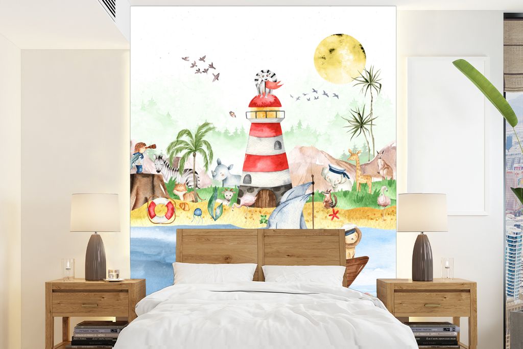 MuchoWow Fototapete für Wohnzimmer oder Schlafzimmer Wandtapete Vinyl Motivtapete Strand - Tiere - Kinder - Leuchtturm - Jungen - 165x220 cm - K...