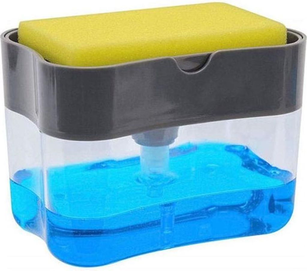 2-in-1 Seifenspender mit manuellem Schwammhalter für Küche und Bad, grau