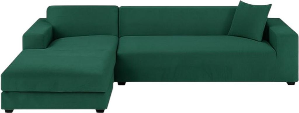 A green sectional sofa with a chaise lounge is shown against a white background.