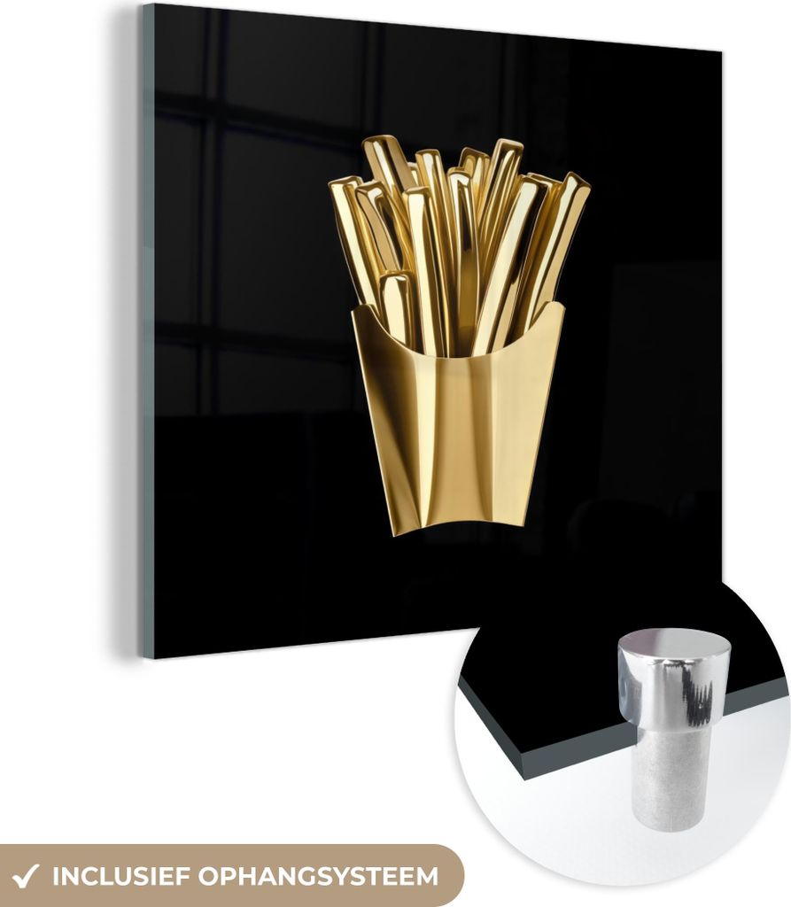 MuchoWow Glasbilder - Bilder auf Wandbild - Foto auf Glas Pommes frites - Gold - Chrom - Lebensmittel 40x40 cm Wanddekoration aus Glas - Acrylglasb...