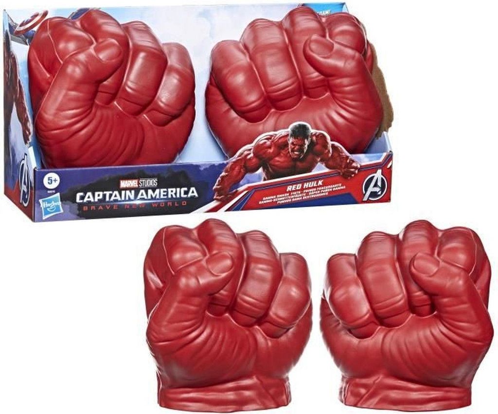 A product shot of Red Hulk Super Grips toy gloves, with the packaging visible in the background.