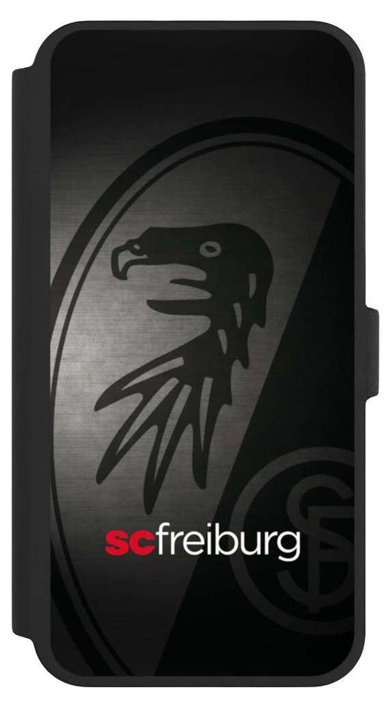 NIVOCASE Klapphülle für Apple iPhone 16 Pro Max Handyhülle aus Kunst Leder NIVOflip schwarz Metallic Look Offizielles Lizenzprodukt SC Freiburg