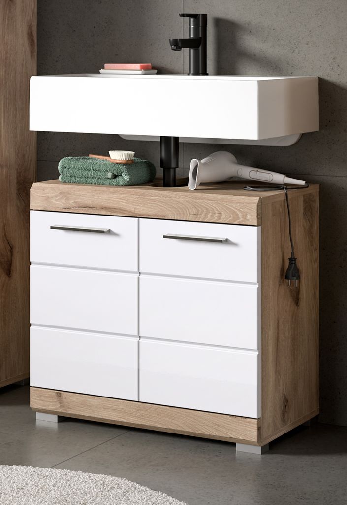 Waschbeckenunterschrank "Willow" in weiß Hochglanz und Eiche 60 cm
