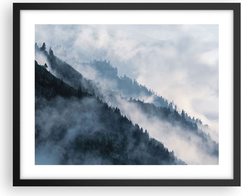 Gerahmtes Poster - Schwarzer Rahmen - Berge Nebel Bäume - 50x40 cm - Wand Bild - Wanddeko - Wandbilder - Kunstposter - Wandposter - Bilderrahmen -...