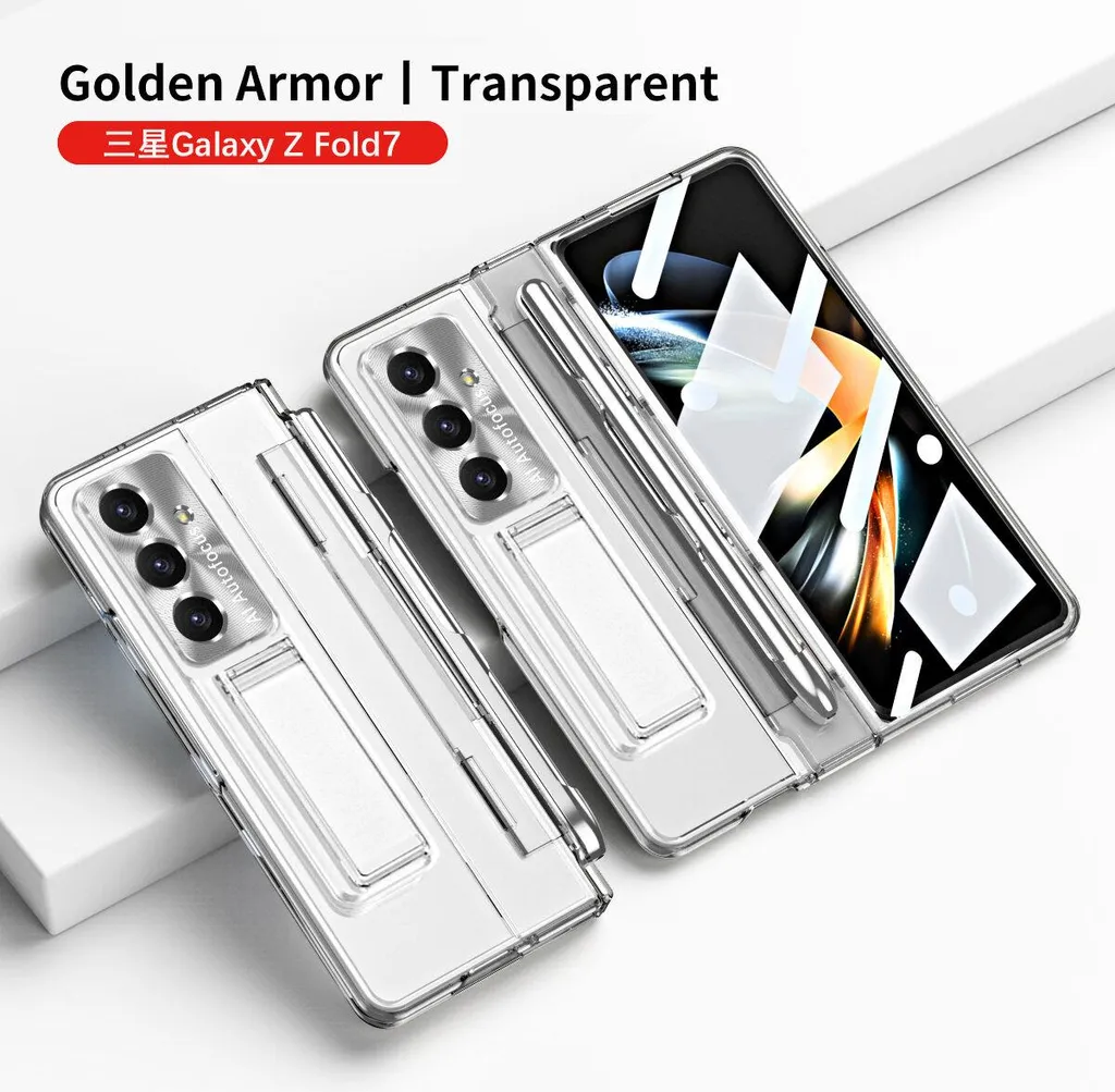 Custodia per Samsung Galaxy Z Fold 7 con protezione dello schermo, portapenna e protezione dell'obiettivo, custodia galvanizzata con supporto Trasparente