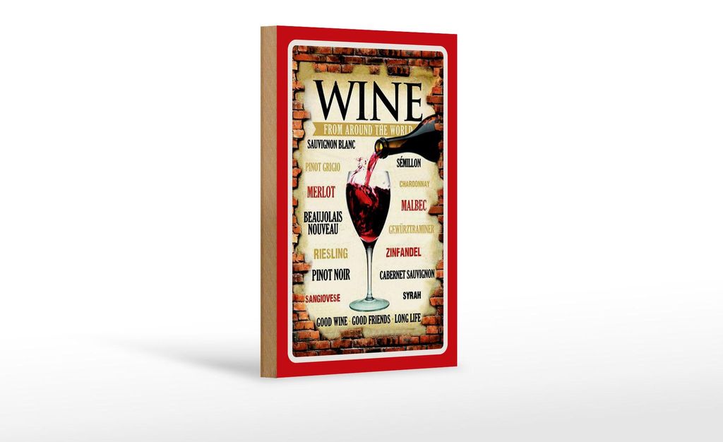 Holzschild Alkohol 12x18 cm wine from around the world roter Rand Deko Schild