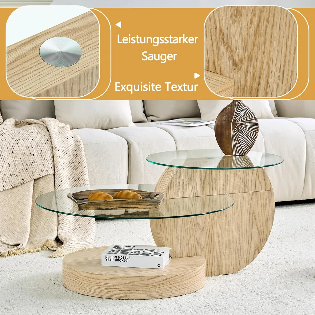 Table basse en verre de sécurité et MDF stable aspect bois clair