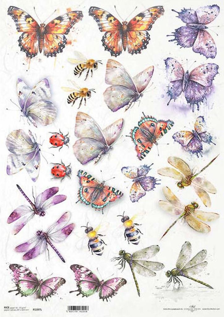 Reispapier für Decoupage A3 ITD-1097L Schmetterlinge, Libellen, Bienen, Marienkäfer