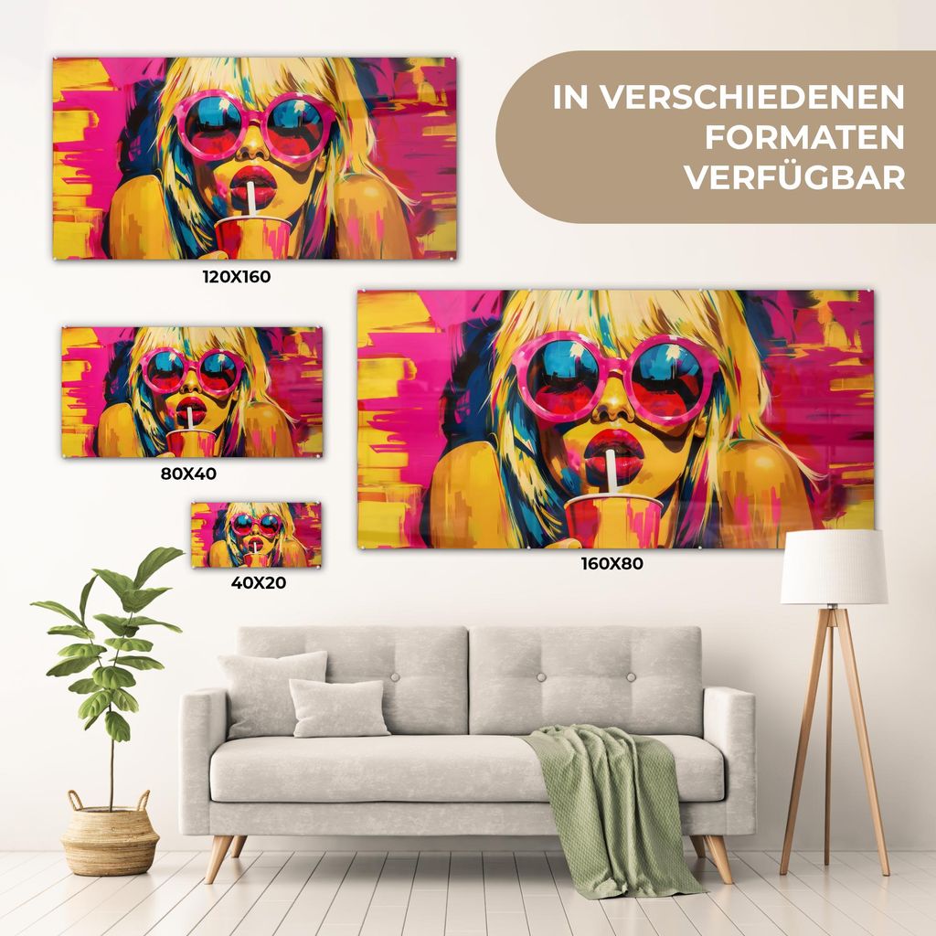 MuchoWow Glasbilder - Bilder auf Wandbild - Foto auf Glas Sonnenbrille - Rosa - Frau - Stroh 120x60 cm Wanddekoration aus Glas - Acrylglasbild - Ac...