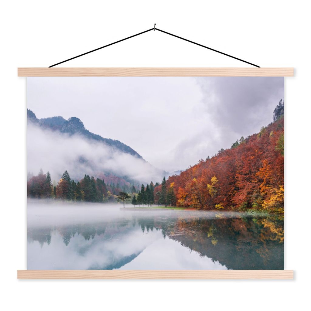 MuchoWow Textilposter Herbst - Nebel - Wasser - Landschaft 40x30 cm mit holzfarbenen Rahmen - Bilder