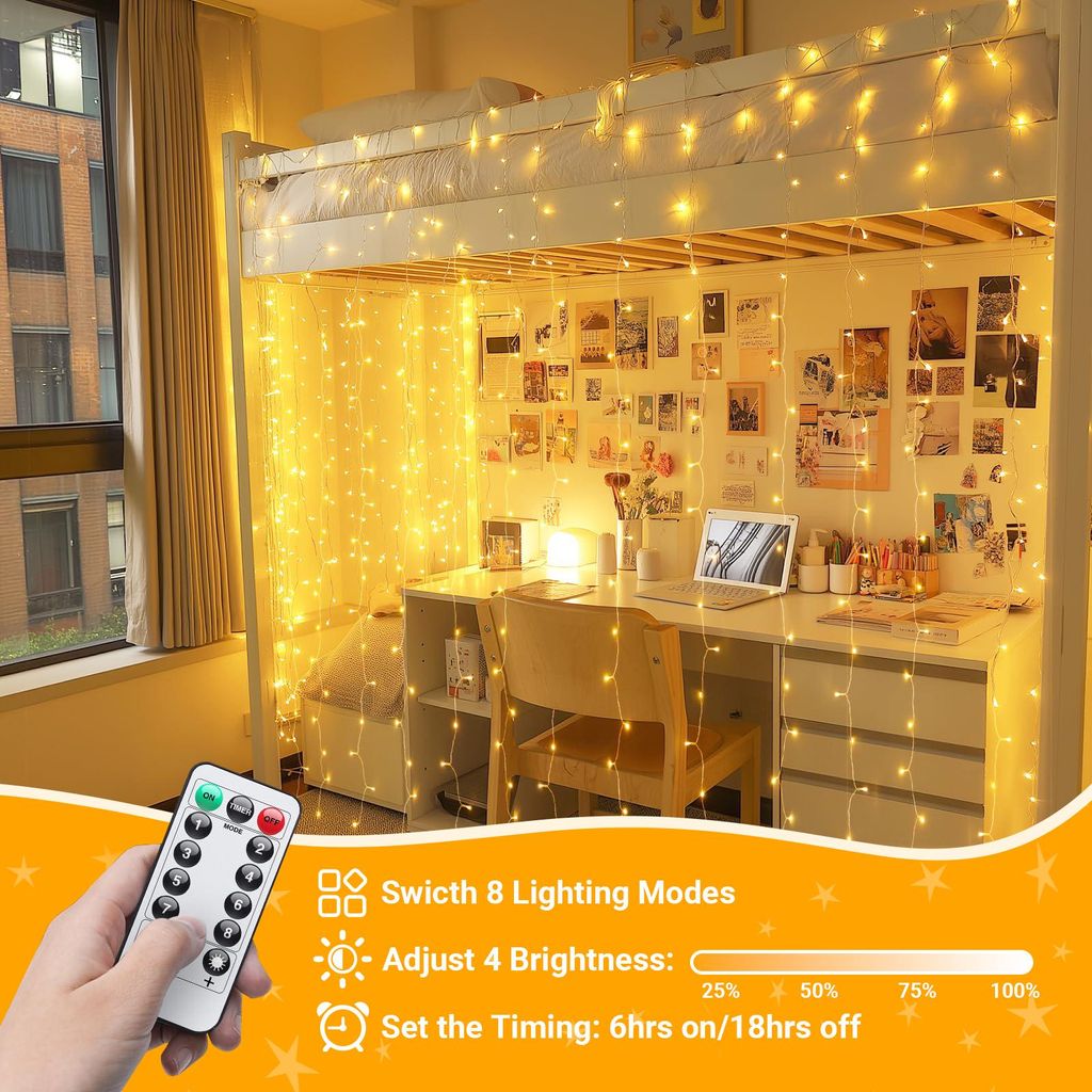 3x3M LED Lichterkette Innen 8 Lichtmodi Lichtervorhang USB
