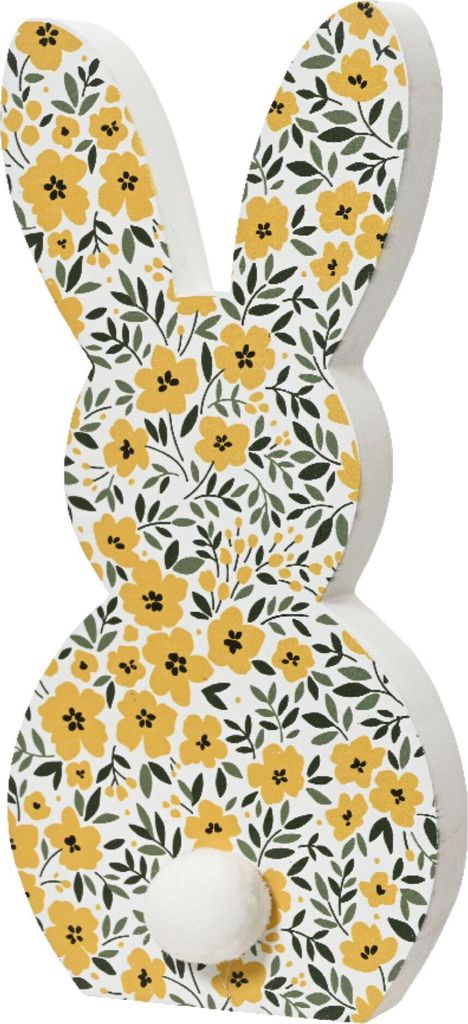 Dekofigur Hase 24cm Holz mit Blumenmuster Weiß / Grün / Gelb