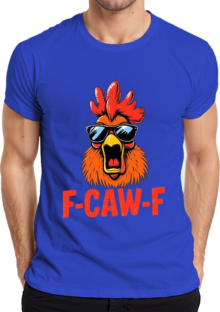 F-CAW-F Cooler Hahn mit Sonnenbrille Lustig Retro Bauernhof Huhn Herren T-Shirt, Blau, XXL