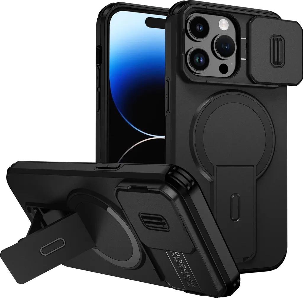 Cover iPhone 14 Pro Magnetica: Doppio Strato Militare e Stand Nero