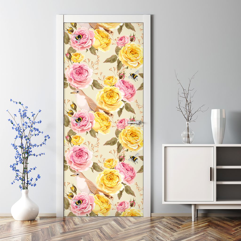 Dekorative Türposter selbstklebend Wandaufkleber Türaufkleber Englisch Rosen Vögel 70 x 200 cm