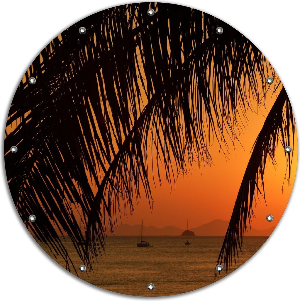 Wallario rundes Outdoor-Poster für Garten oder Balkon, Motiv Sonnenuntergang unter Palmenblättern, 90 cm Durchmesser