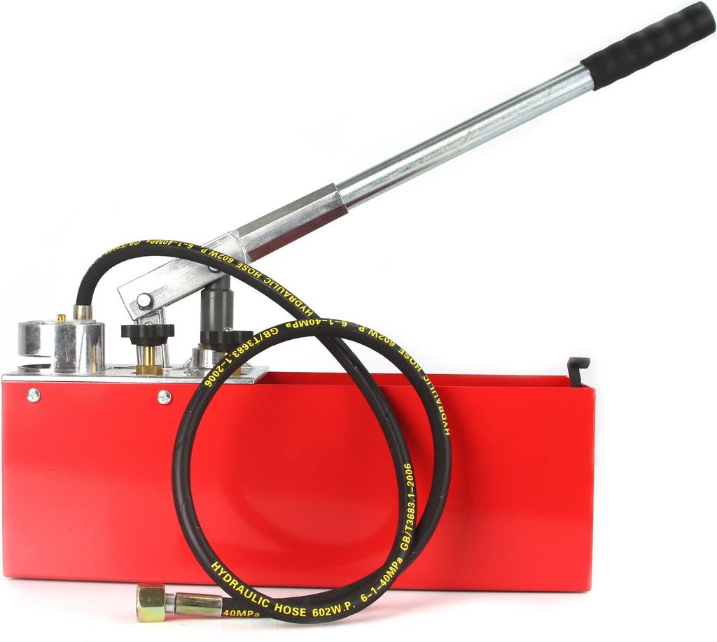 A red hydraulic pressure testing pump with a black hose and a silver handle is shown against a white background.