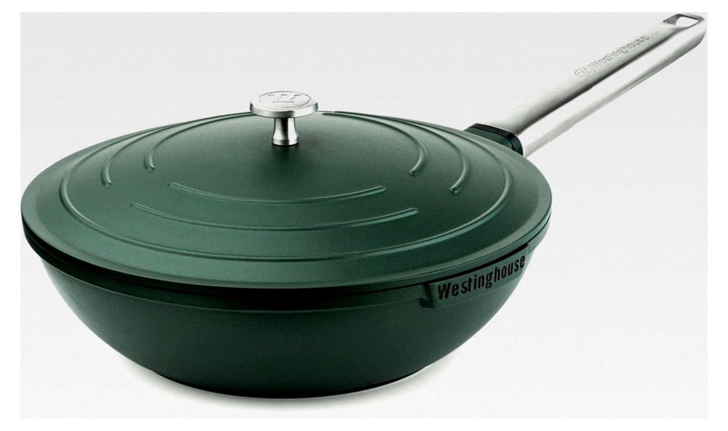 Wok-Pfanne mit Deckel, beschichtet, 28 cm mit Edelstahlgriff, für Induktion geeignet, für alle Herdarten, ofenfest und spülmaschinenfest, grün