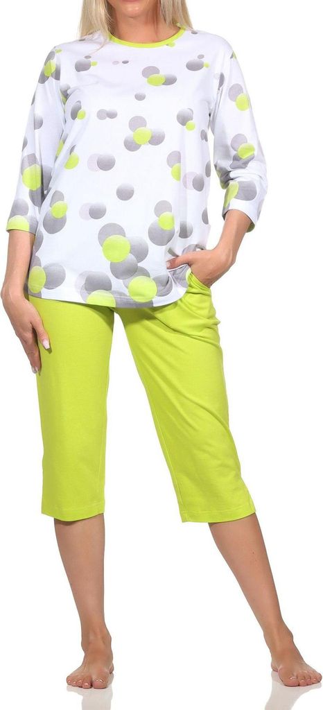 Normann Damen kurzarm Schlafanzug Capri Pyjama in Tupfen-Punkte Optik - auch in Übergröße ; grün , 36
