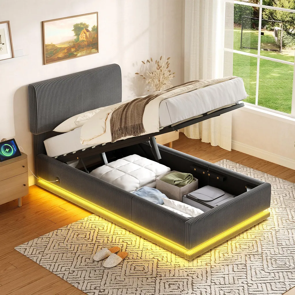 Lit Gain de Place 90x200 cm avec Coffre de Rangement et LED Gris Foncé