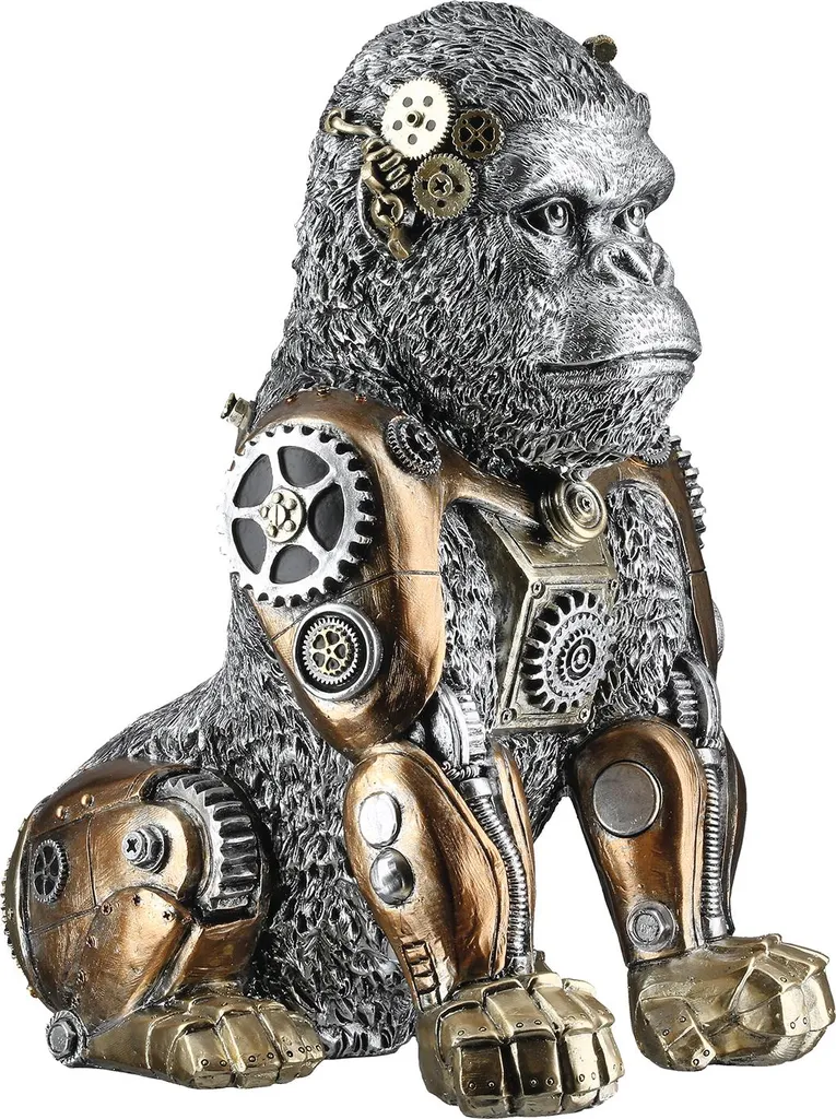 Figurine Gorille Steampunk GILDE en Résine Argentée Déco Loft 31 cm