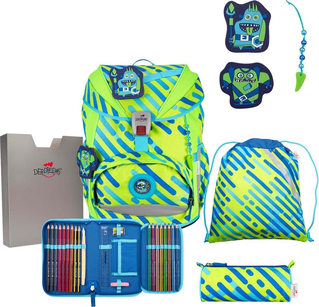 A collection of school supplies including a backpack, pencil case, and drawstring bag, all with a neon monster theme.