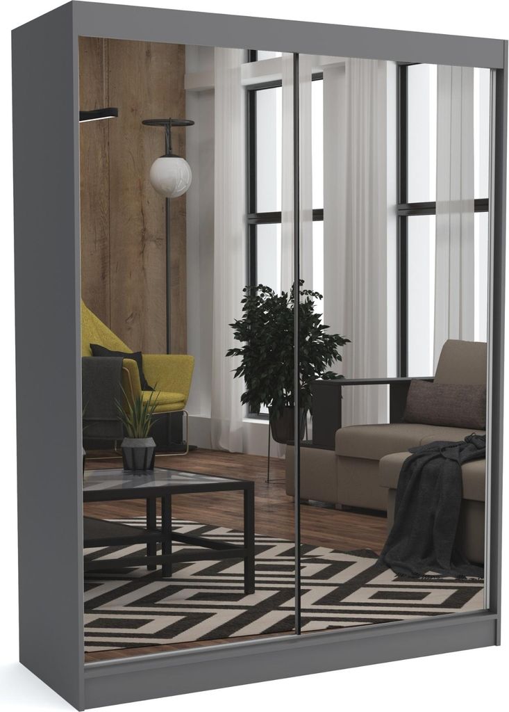 Brent - Kleiderschrank mit Spiegel Dave, Schlafzimmerschrank mit 1 Kleiderstange und Einlegeböden für Kleidung, 180x215x60 cm, Grau
