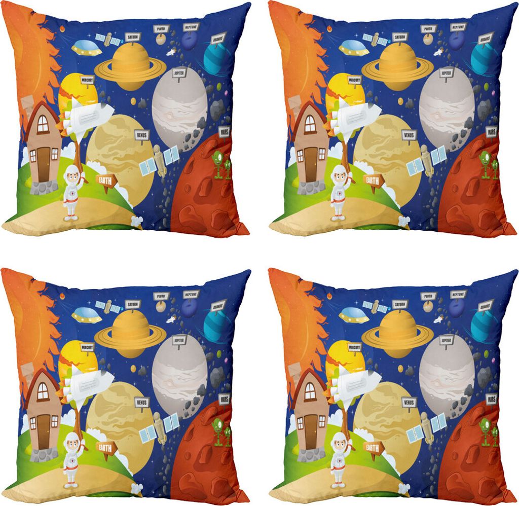 ABAKUHAUS Lehrreich Kissenbezug Set (4 Stück), Cartoon Weltraum, Moderner Doppelseitiger Digitaldruck, 45 cm x 45 cm, Mehrfarbig
