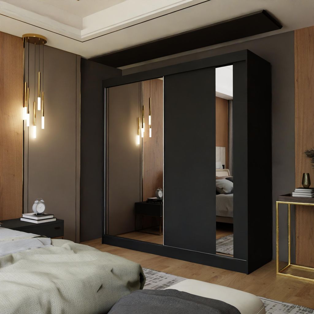 Schwarzer Kleiderschrank mit Spiegel 200 cm Luna Moderner Kleiderschrank mit Schiebetüren Zweitüriger Kleiderschrank für Schlafzimmer mit Kleide...
