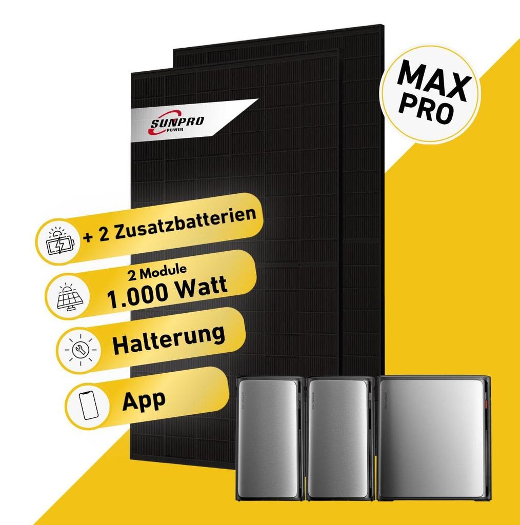 1000 Watt, Bifazial Komplettset mit EcoFlow STREAM Ultra X, mit 2 Zusatzbatterien EcoFlow STREAM AC Pro und Halterung Fassade 90 Grad und MC-4 Verl...