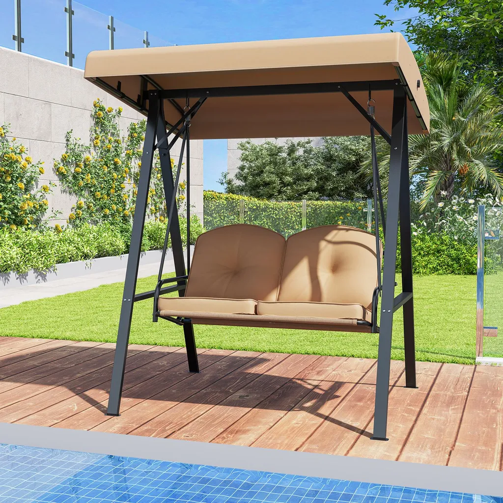 Balançoire de Jardin 2 Places avec Châssis Métallique et Toit Ombrage