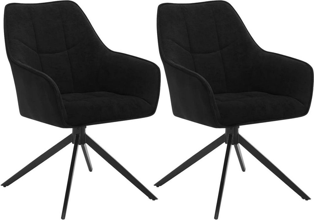 Two black swivel armchairs with metal bases are shown against a white background.