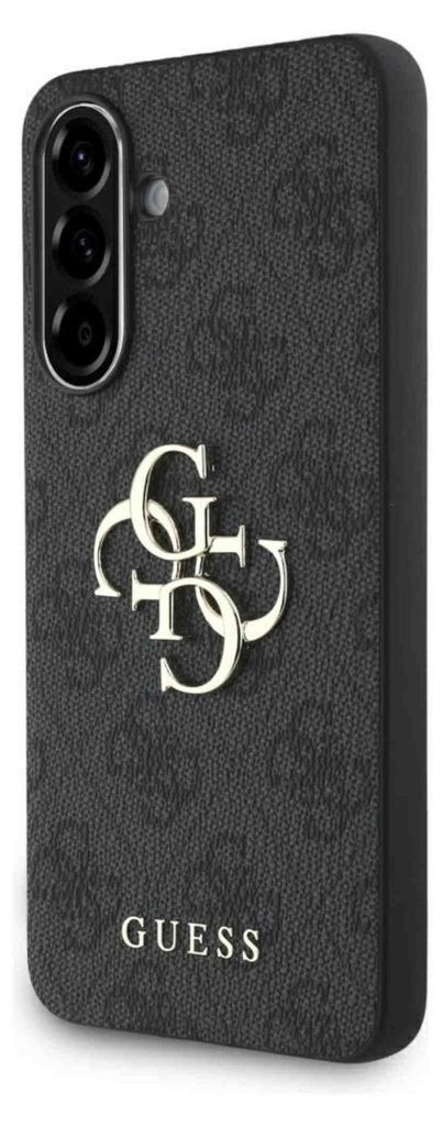 A black phone case with a textured pattern and a silver Guess logo and text.