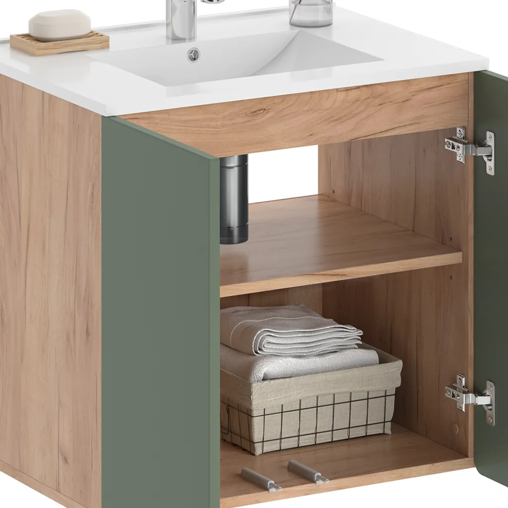 Meuble sous vasque Izan Vicco bicolore Vert et Chêne pour salle de bain chic - 5
