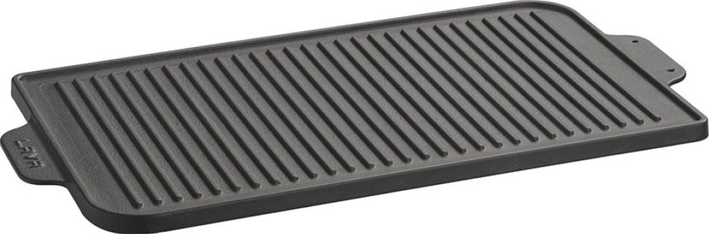 A cast iron grill pan on a white background.