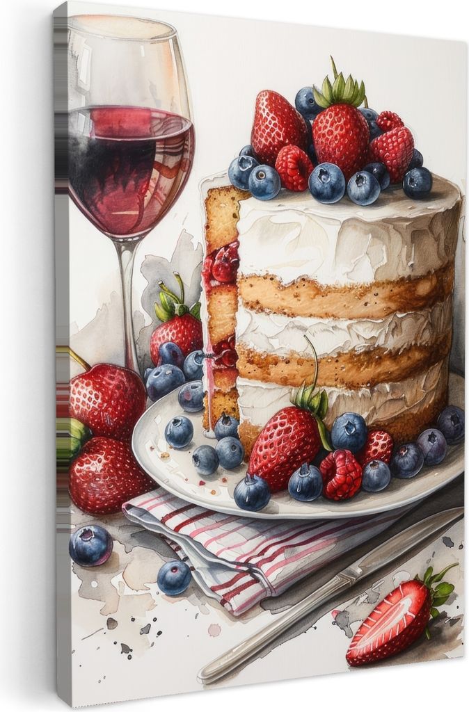 MuchoWow - Leinwandbilder - Torte - Obst - Wein - Essen - Stillleben, Wandbild, Wanddeko Bilder Wohnzimmer, 20x30 cm