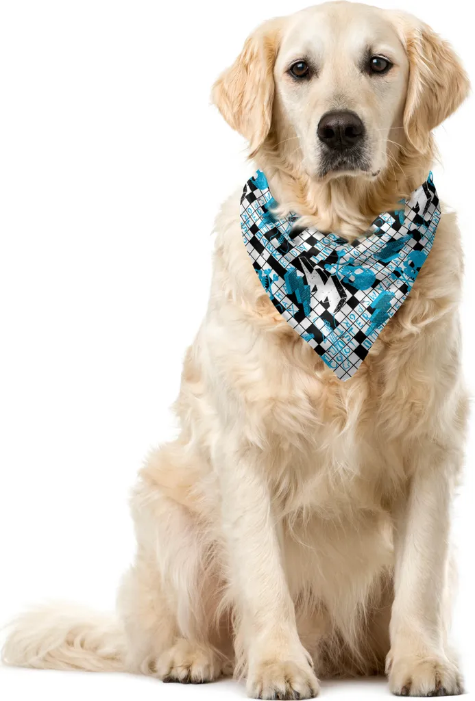 ABAKUHAUS Bandana retrò per animali domestici, motivo cruciverba-teschi-bulloni, 55x55 cm, blu, nero e bianco
