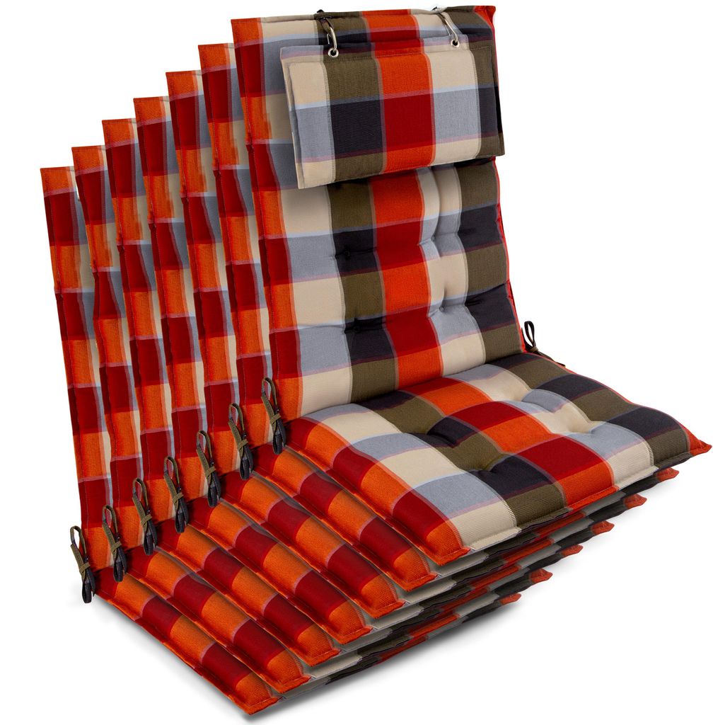 Beautissu 7er Set Sun-HL Hochlehner Auflage 120x50x8cm Orange-Beige-Kariert